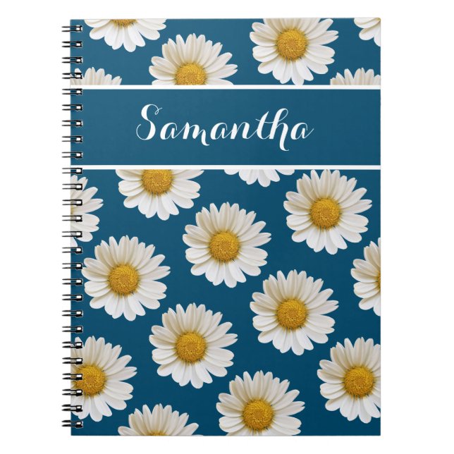 White Daisies on Blue with Custom Name Notebook (Front)