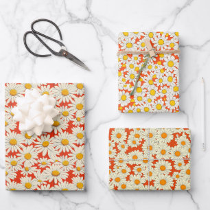 White Daisies on Bold Orange Background Wrapping Paper Sheet