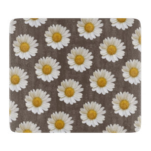 White Daisies on Brown Background Floral Cutting Board