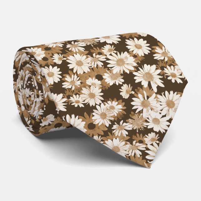 White Daisies on Brown Floral Pattern Tie (Rolled)