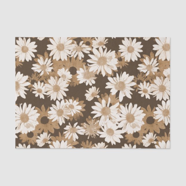White Daisies on Chocolate Brown Floral Pattern Tissue Paper (Front)