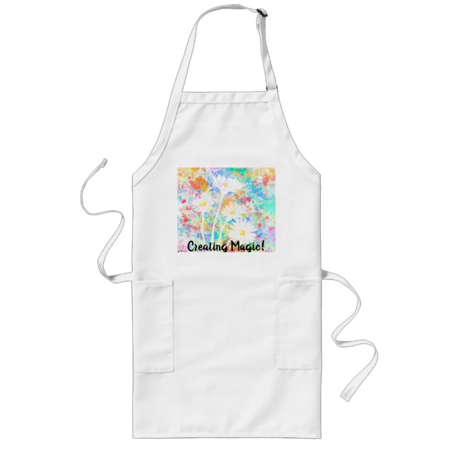 White Daisies on colourful splatter background Long Apron (Front)