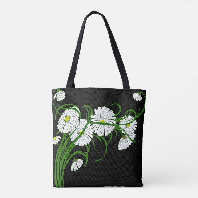 White Daisies on Contrasting Black Background Tote Bag (Back)