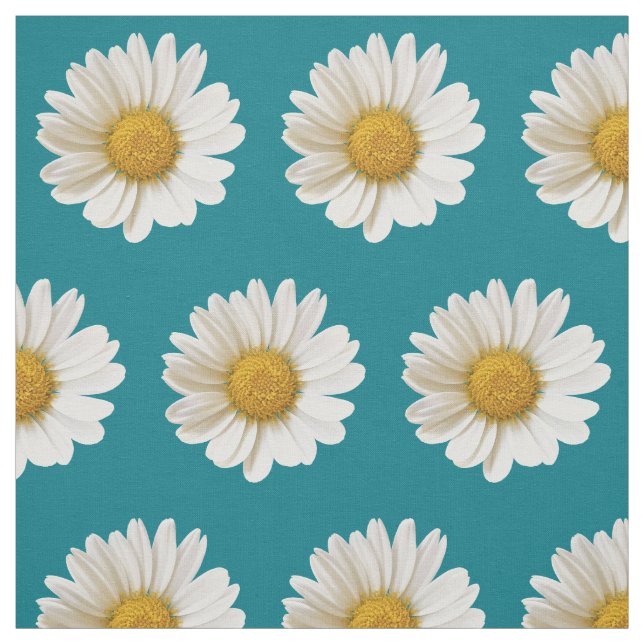 White Daisies on Dark Turquoise Floral Fabric (Swatch)