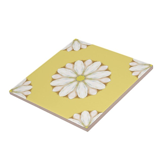 White Daisies on Golden Yellow Ceramic Tile (Side)