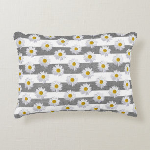 White Daisies On Grey and White Stripes Decorative Cushion
