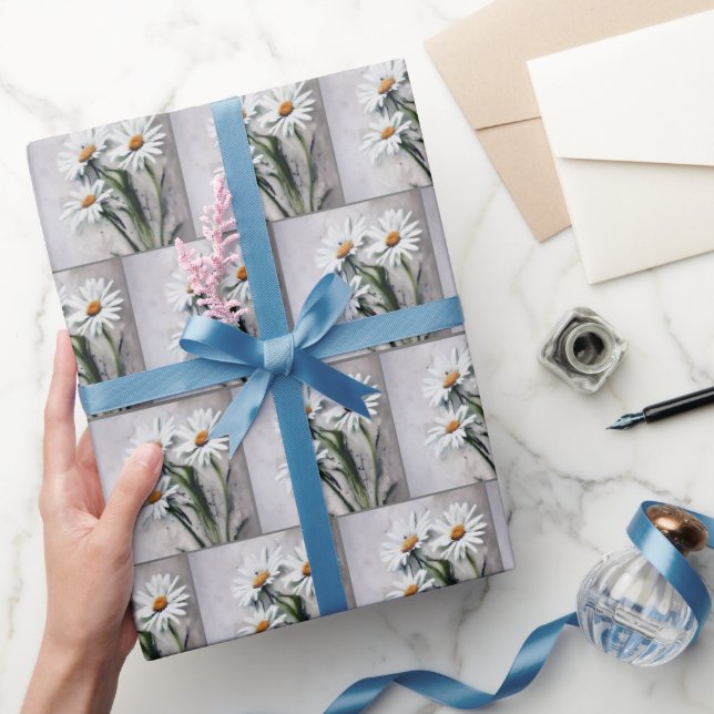 White Daisies On Grey Wrapping Paper (Gifting)