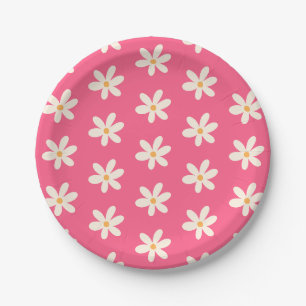 White Daisies on Hot Pink Retro y2k Preppy Floral Paper Plate
