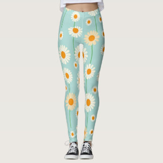 White Daisies on Light Blue Background Leggings