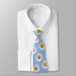White Daisies on Light Blue Background Tie