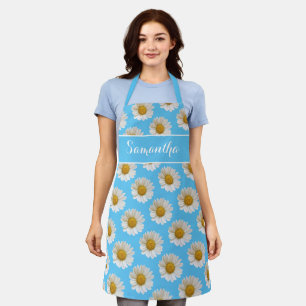 White Daisies on Light Blue Personalised Apron