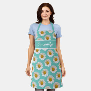 White Daisies on Light Teal Personalised Apron