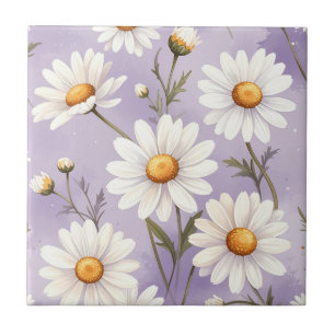 White Daisies on Lilac Purple Floral Pattern Ceramic Tile