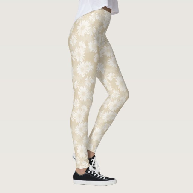 White Daisies on Neutral Beige Floral Pattern Leggings (Right)