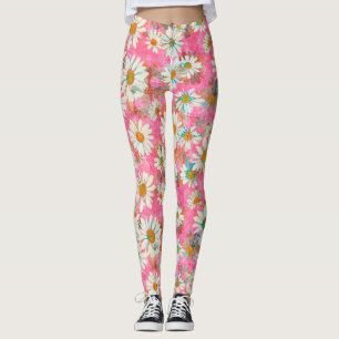 White Daisies on Pink Floral Pattern Leggings