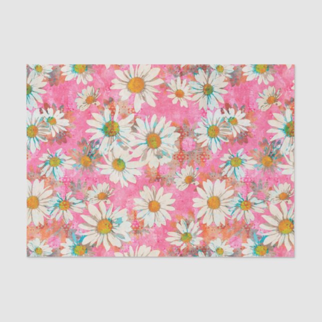 White Daisies on Pink Floral Pattern Tissue Paper (Front)