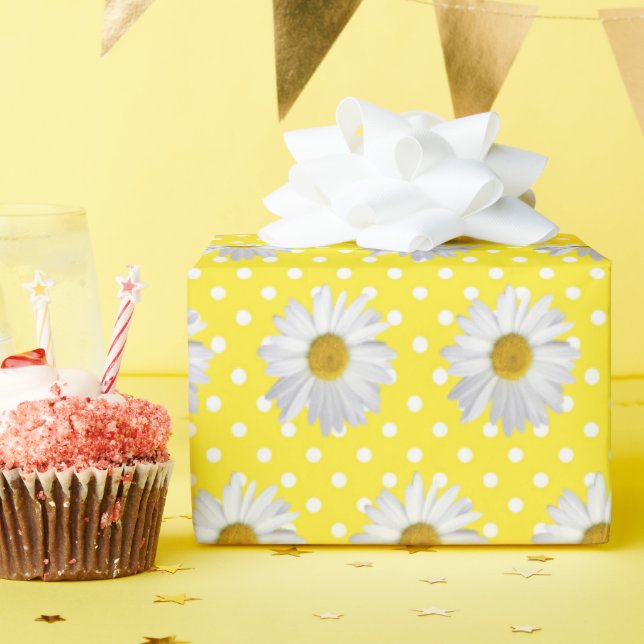 White Daisies On Polka Dot Wrapping Paper (Birthday Party)