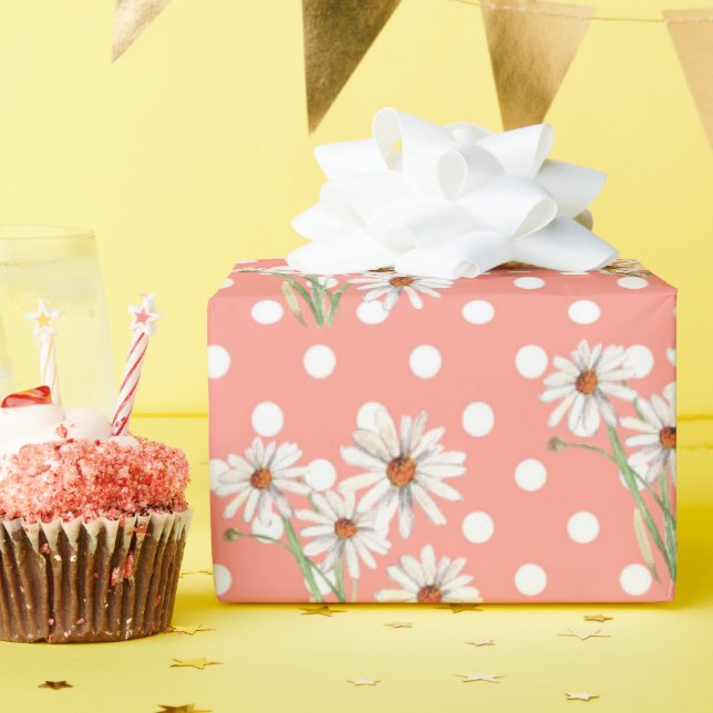 White Daisies On Polka Dots Wrapping Paper (Birthday Party)