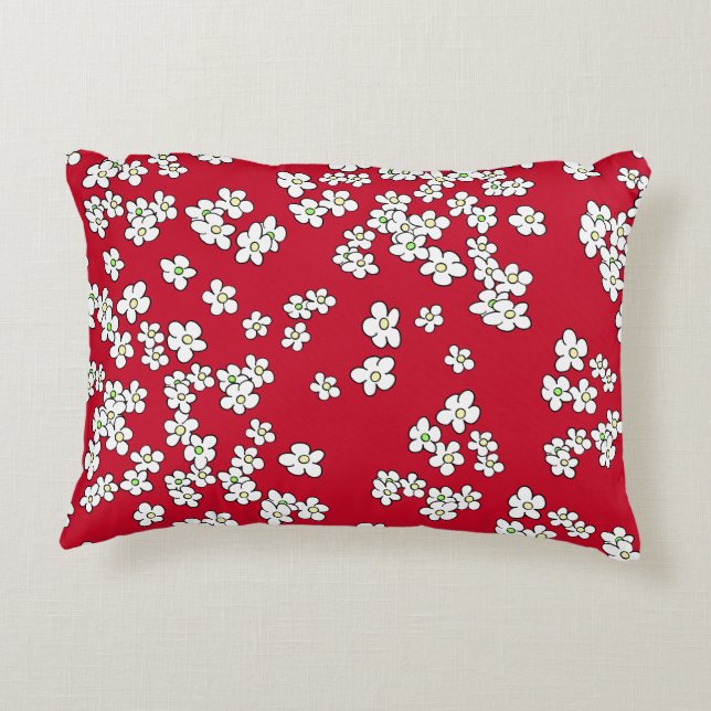White daisies on red and grey decorative cushion (Back)