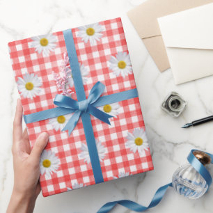 White Daisies on Red and White Gingham  Wrapping Paper