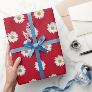 White Daisies on Red Wrapping Paper