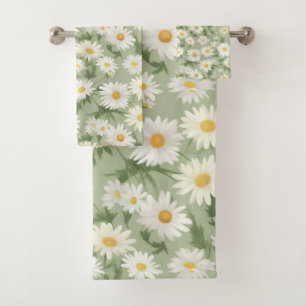 White Daisies On Sage Green Bath Towel Set