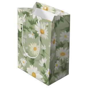 White Daisies On Sage Green Medium Gift Bag