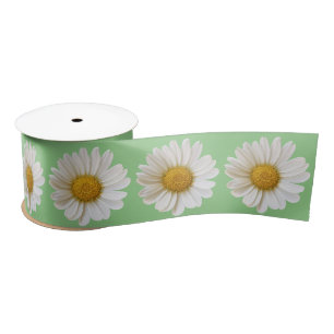 White Daisies on Sage Green Satin Ribbon
