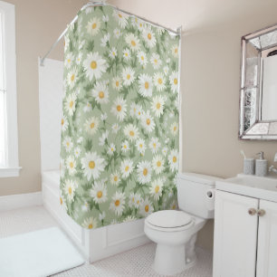 White Daisies On Sage Green Shower Curtain