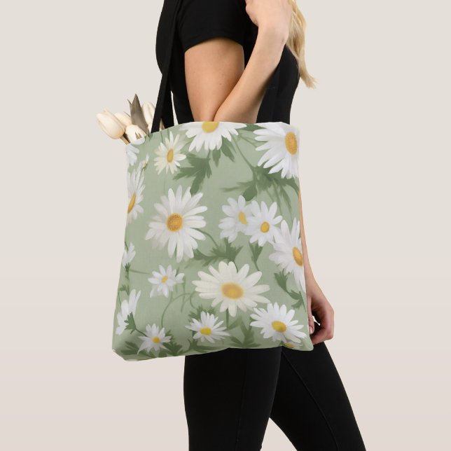 White Daisies On Sage Green Tote Bag (Close Up)