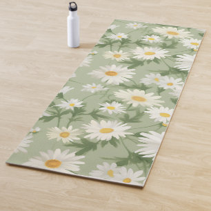 White Daisies On Sage Green Yoga Mat