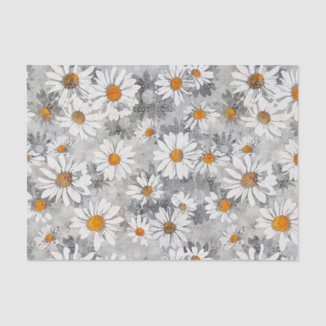White Daisies on Silver Floral Pattern Tissue Paper (Front)