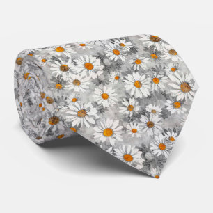 White Daisies on Silver Grey Floral Pattern Tie