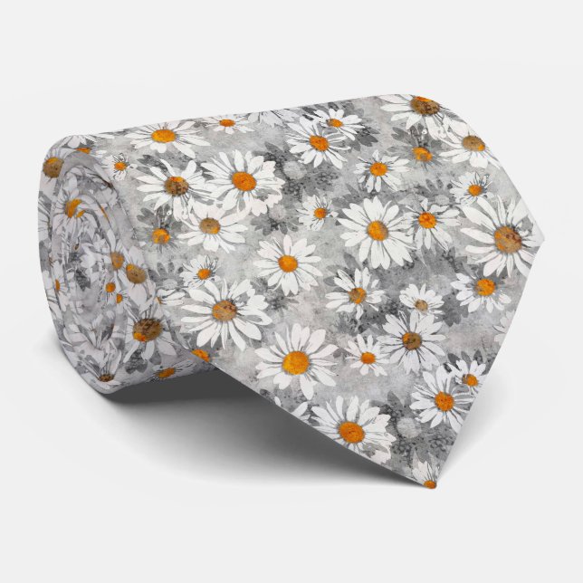 White Daisies on Silver Grey Floral Pattern Tie (Rolled)