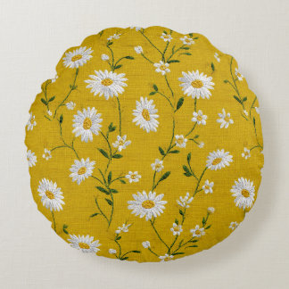 White Daisies on Yellow Round Cushion