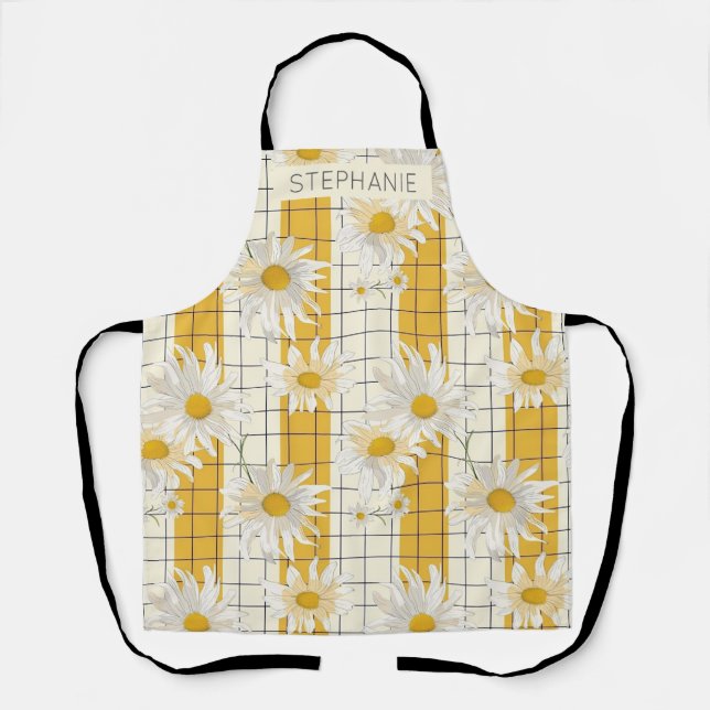 White Daisies on Yellow Striped Grid Background Apron (Front)