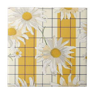 White Daisies on Yellow Striped Grid Background Ceramic Tile