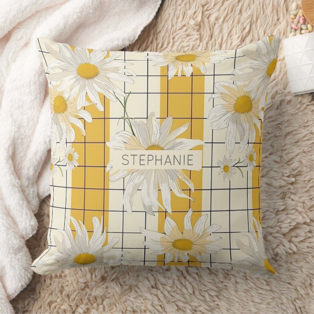 White Daisies on Yellow Striped Grid Background Cushion (Blanket)
