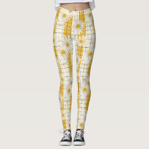 White Daisies on Yellow Striped Grid Background Leggings