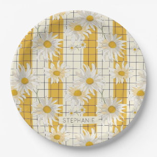 White Daisies on Yellow Striped Grid Background Paper Plate