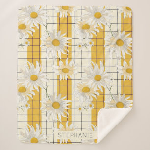 White Daisies on Yellow Striped Grid Background Sherpa Blanket