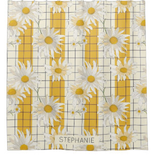 White Daisies on Yellow Striped Grid Background Shower Curtain