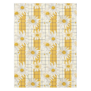 White Daisies on Yellow Striped Grid Background Tablecloth