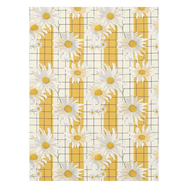 White Daisies on Yellow Striped Grid Background Tablecloth (Front)