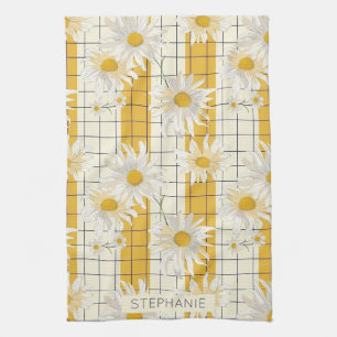 White Daisies on Yellow Striped Grid Background Tea Towel