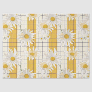 White Daisies on Yellow Striped Grid Background Tissue Paper