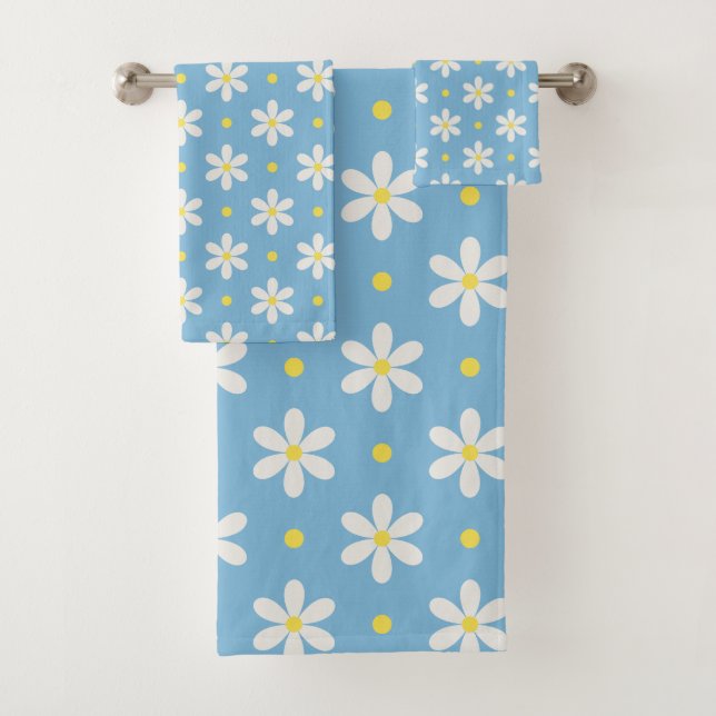 White Daisies Pattern Custom Background Bath Towel Set (Insitu)