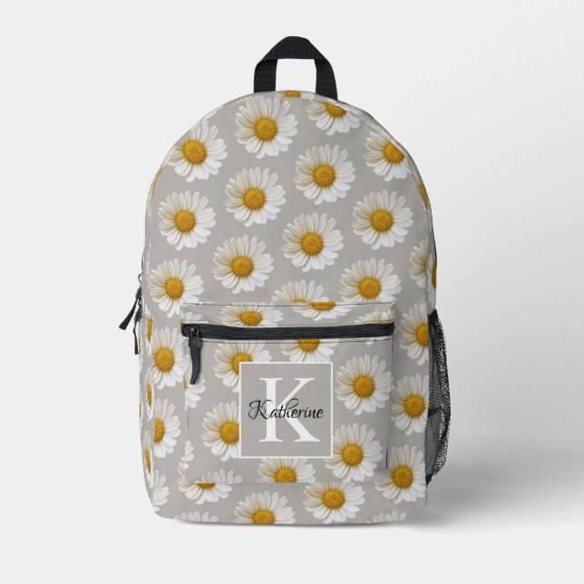White Daisies Pattern Grey Monogram Printed Backpack (Front)