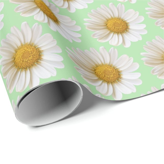 White Daisies Pattern Light Sage Green Wrapping Paper (Roll Corner)