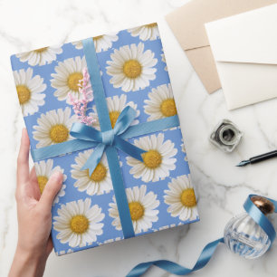 White Daisies Pattern on Blue Background Wrapping Paper